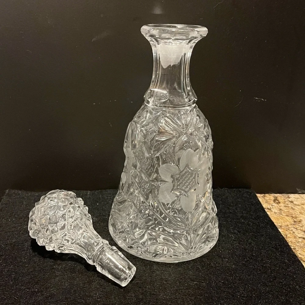 Vintage Cut Crystal Decanter with Stopper Etched Floral Design